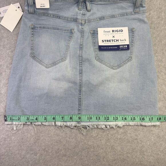 YMI Dream Fit Denim Mini Skirt 1/25 Blue Raw Hem Distressed Jean Pockets Stretch - Picture 9 of 12